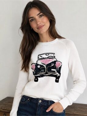 MAX&Co. Dottrina Embellished Vintage Car Wool Sweater Cream Sz Medium